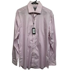 Report Collection Mens Dress Shirt Pink Plaid Slim Fit L 16 34/35